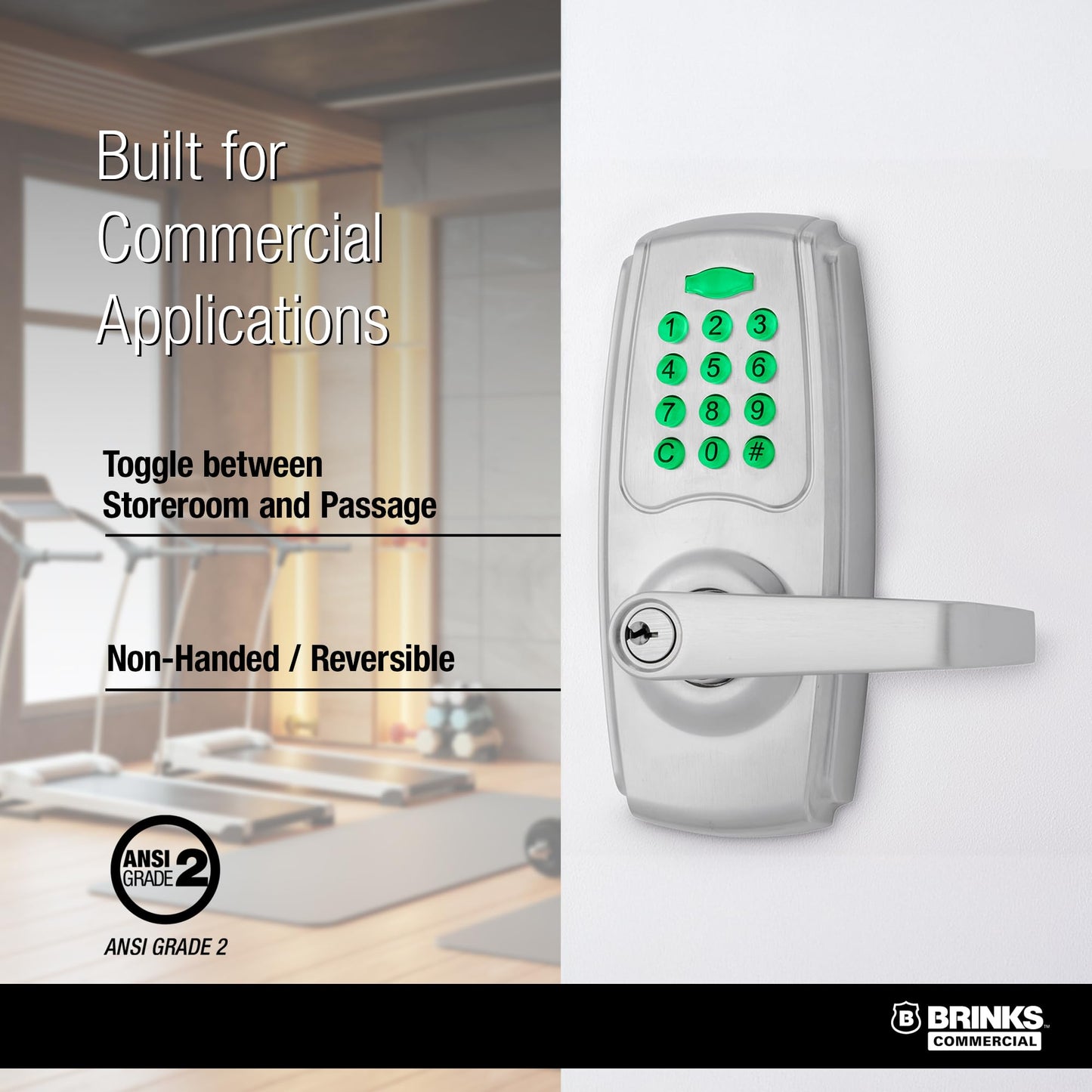BRINKS ANSI Grade 2 Keypad Door Lock with Handle for Commercial & Residential Use, Keyless Entry Door Lock, 99 User Codes, Auto-Relock, Battery with Backup Keyway (Satin Nickel)