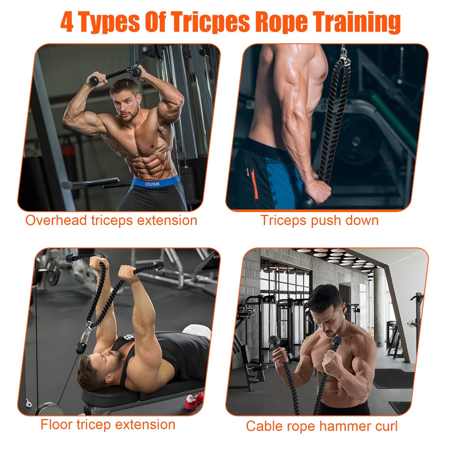 Warmroom Long Tricep Pull Down Rope Exercise Tricep Rope 55 inch Pull Down Rope with Latch Gym Cable Machine Accessories