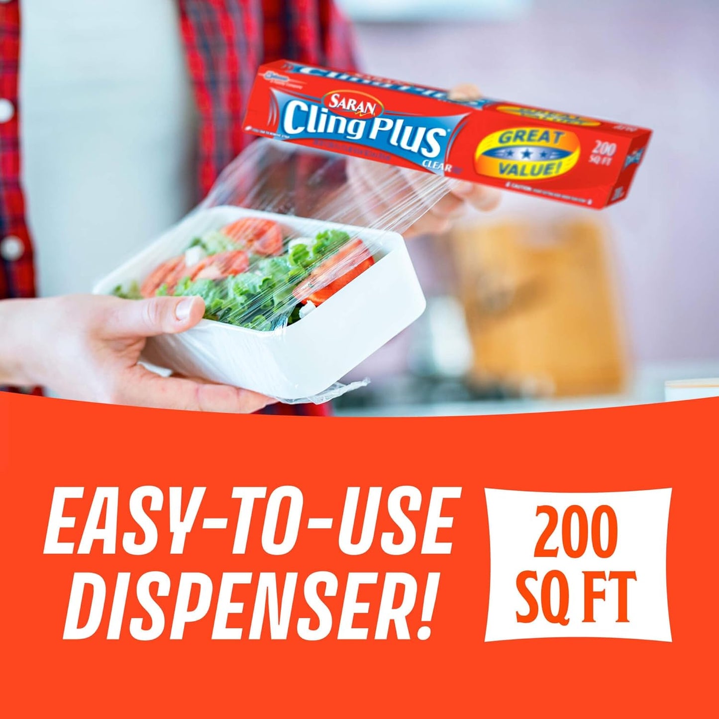 Saran Cling Plus Clear Plastic Wrap - Easy Dispense Food Storage, 200 Sq Ft Roll