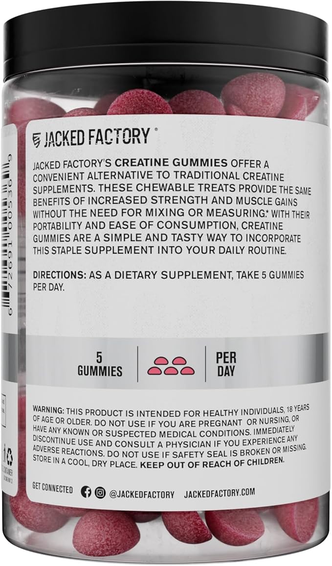 Jacked Factory Creatine Monohydrate Gummies 150g - 5g Daily Creatine Supplement for Men and Women, Vegan-Friendly, Third-Party Tested - 30 Servings, Watermelon