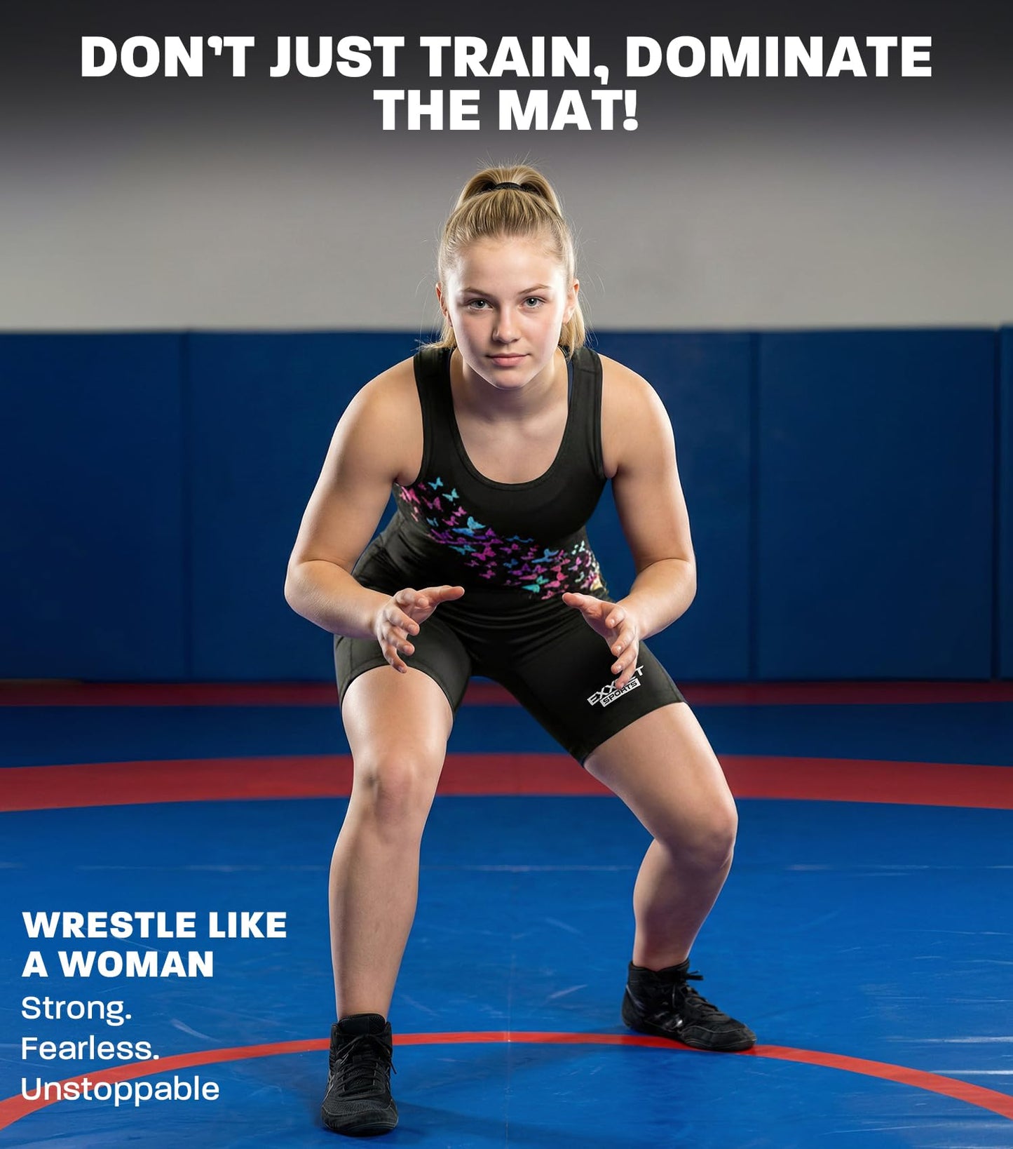 Exxact Sports Sublimated Women’s Wrestling Singlet - High-Cut, Full-Coverage Powerlifting Singlet Women for Competition (Butterfly, AM)