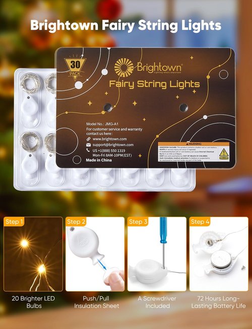 Brightown LED Fairy Lights - 30 Pack Battery Operated, 7ft Waterproof Silver Wire | Perfect for DIY Decor, Weddings & Parties