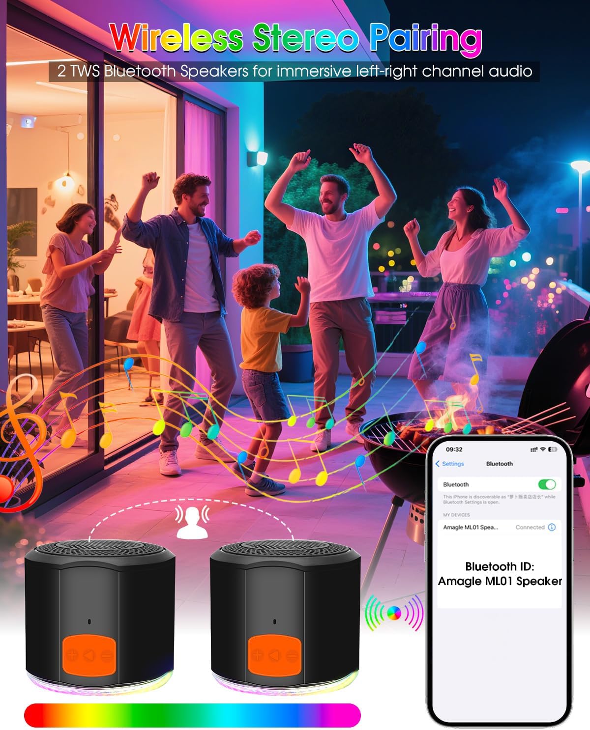 Amagle Small Portable Speakers Bluetooth Wireless with Lights, Magnetic Stick On Mini Bluetooth Speaker Lights, Little