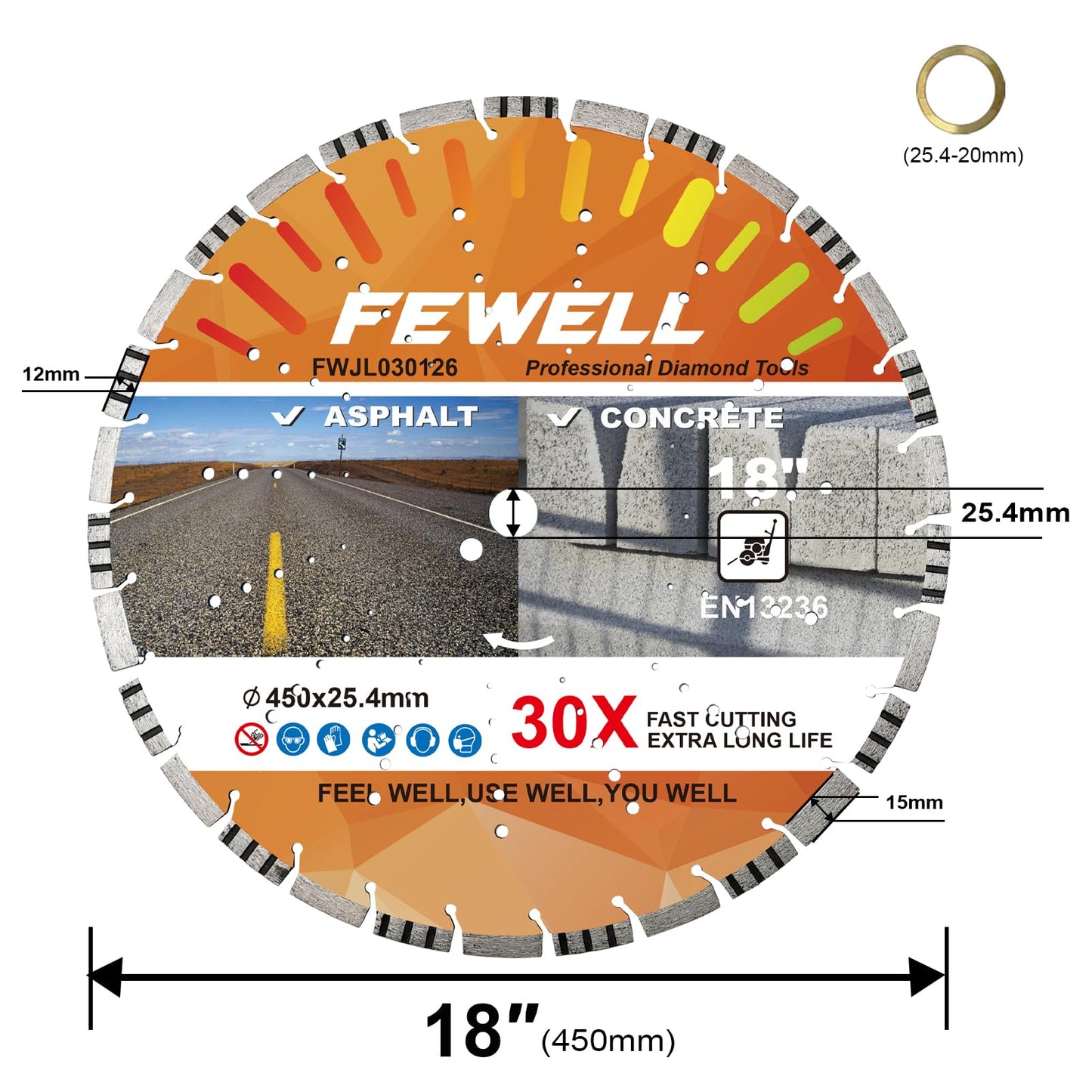 FEWELL 18" Concrete Diamond Saw Blade,Asphalt Diamond Blade Multi-Purpose for Cutting Hard Reinforced Concrete Asphalt Masonry Stone Terrazzo, Laser-Welded Segmented, 1"-20mm Bore