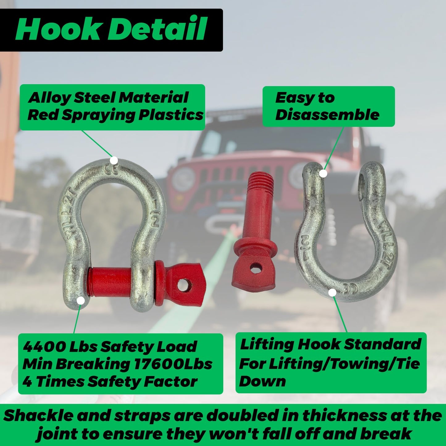 HENBOW Lift Sling Straps|2" × 6.5' Web Sling Strap with D Ring Shackles|4400Lbs Safety Work Load and 17600Lbs Breaking Load| Recovery Strap for Hoist Car Tree Saver Winch Recovery(2 Pack)