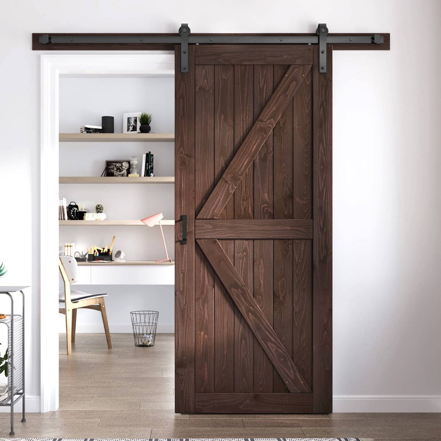 FREDBECK 36in x 80in Brown Barn Door with 6.6ft (79inch) Barn Door Hardware Track Kit and Handle Included, Double Surfaces,Simple Assembly is Required,K-Frame,Coffee