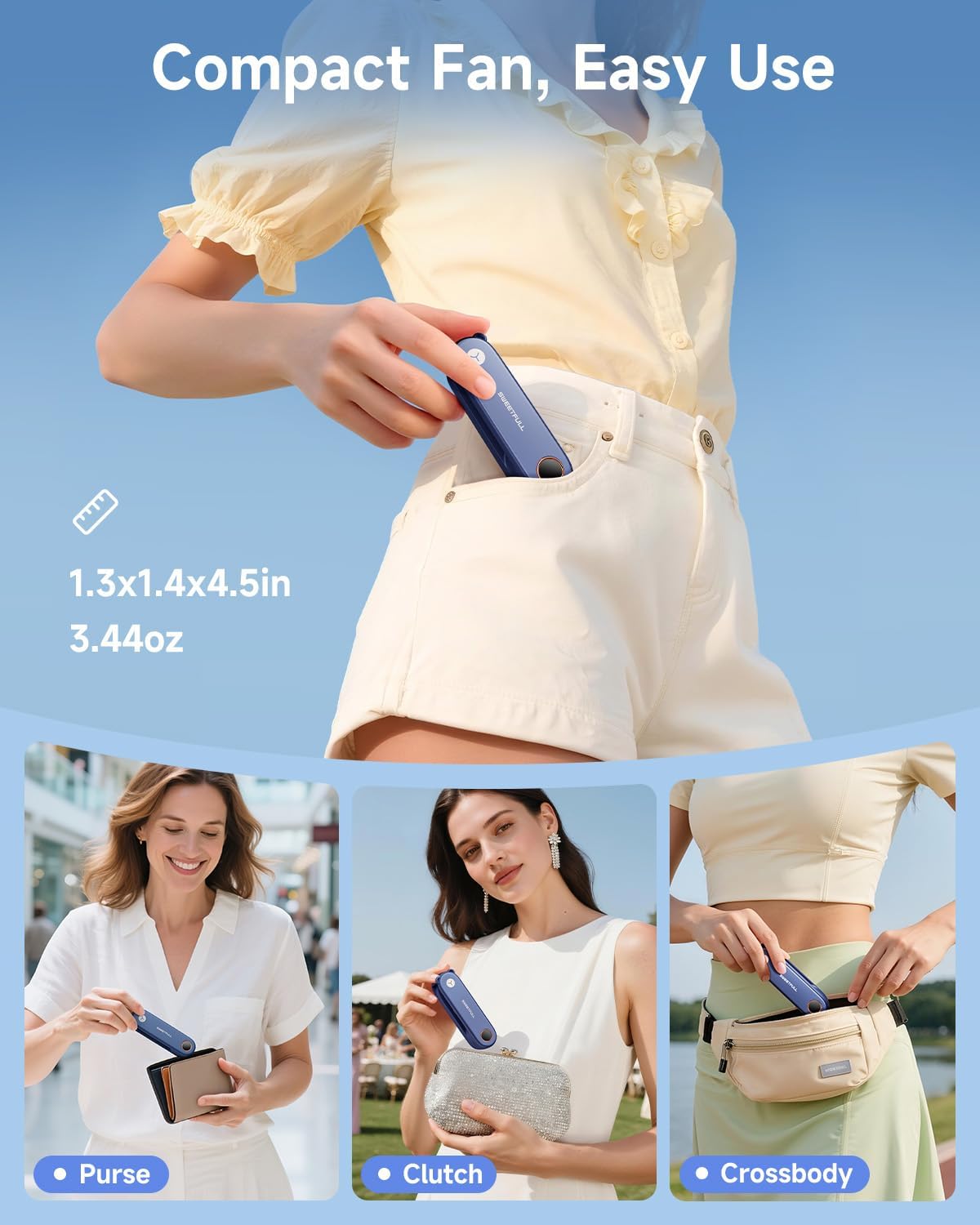 Sweetfull Portable Handheld Mini Fan - 3-in-1 USB Rechargeable Fan & Flashlight for Travel | Compact & Cute Design