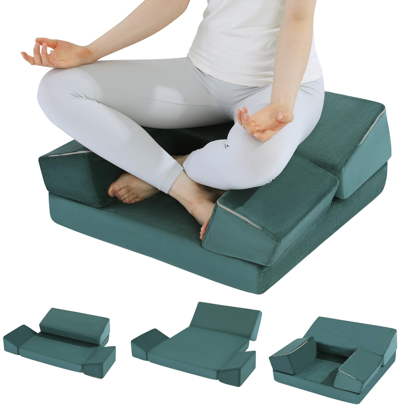 HOMBYS Large Meditation Cushion Foam Meditation Pillows for Sitting on Floor, Yoga Pillow for Adult, Meditation Mat with 2 Knee Cushions and Hip Support-3 Shapes for Different People (Green)