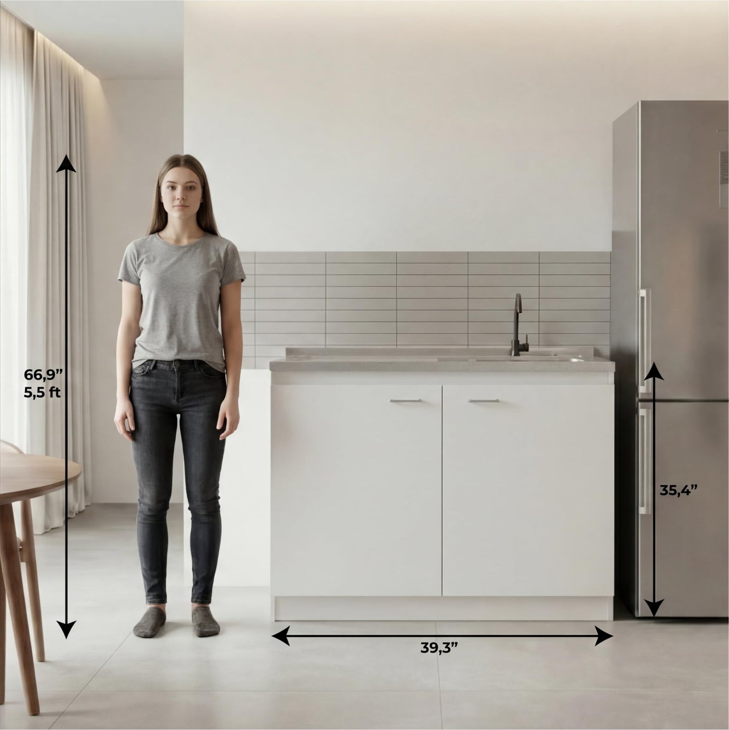 Tuhome Napoles Utility Sink Base Cabinet with Integrated Stainless Steel Countertop, Freestanding Cabinet with Double Doors, Interior Shelf for Laundry Room, Utility Room, Mudroom or Kitchen
