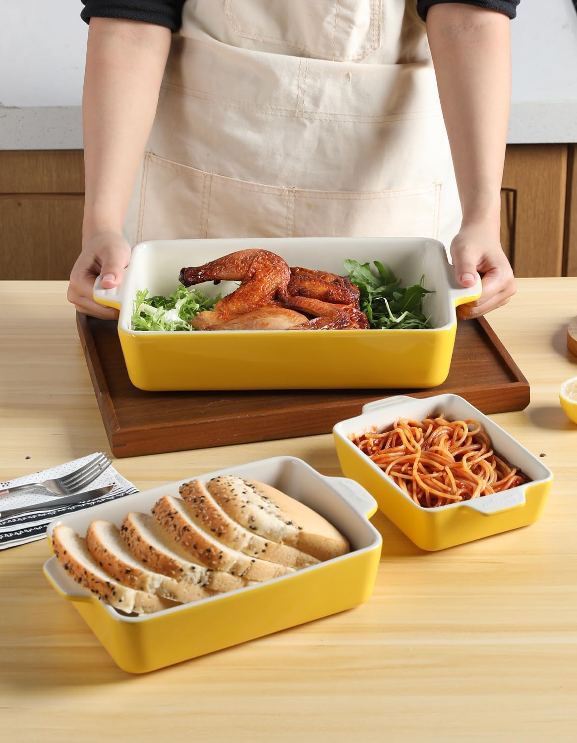 Sweejar Ceramic Bakeware Set - Rectangular Baking Dish for Lasagna & Cakes | 11.8 x 7.8 x 2.76 Inches - Yellow