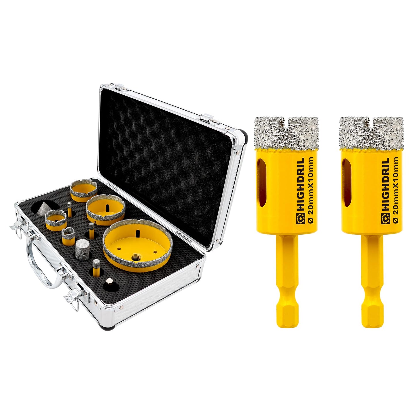 HIGHDRIL Diamond Drill Bits Kit with 5/8-11 for Porcelain Tile Ceramic Marble Brick Concrete Vacuum Brazed Hole Saw(6/8/10/20/35/50/65/100mm+50mm Chamfer Bit+20mm Finger Bit+Adapter)