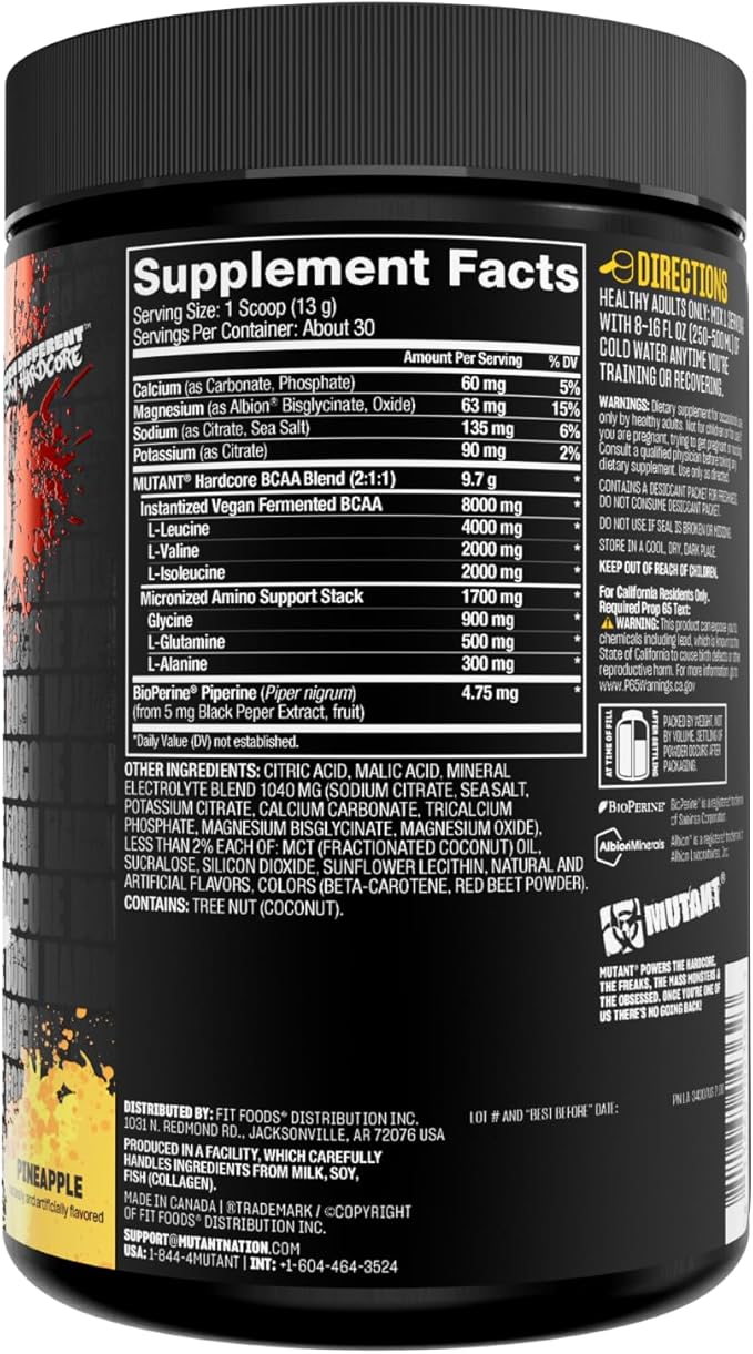 Mutant Hardcore BCAA - Pre, Intra or Post Workout ??BCAA Next Level branched-Chain Amino Acids Supplement ??Hydration + Recovery - 30 Serving - Pineapple