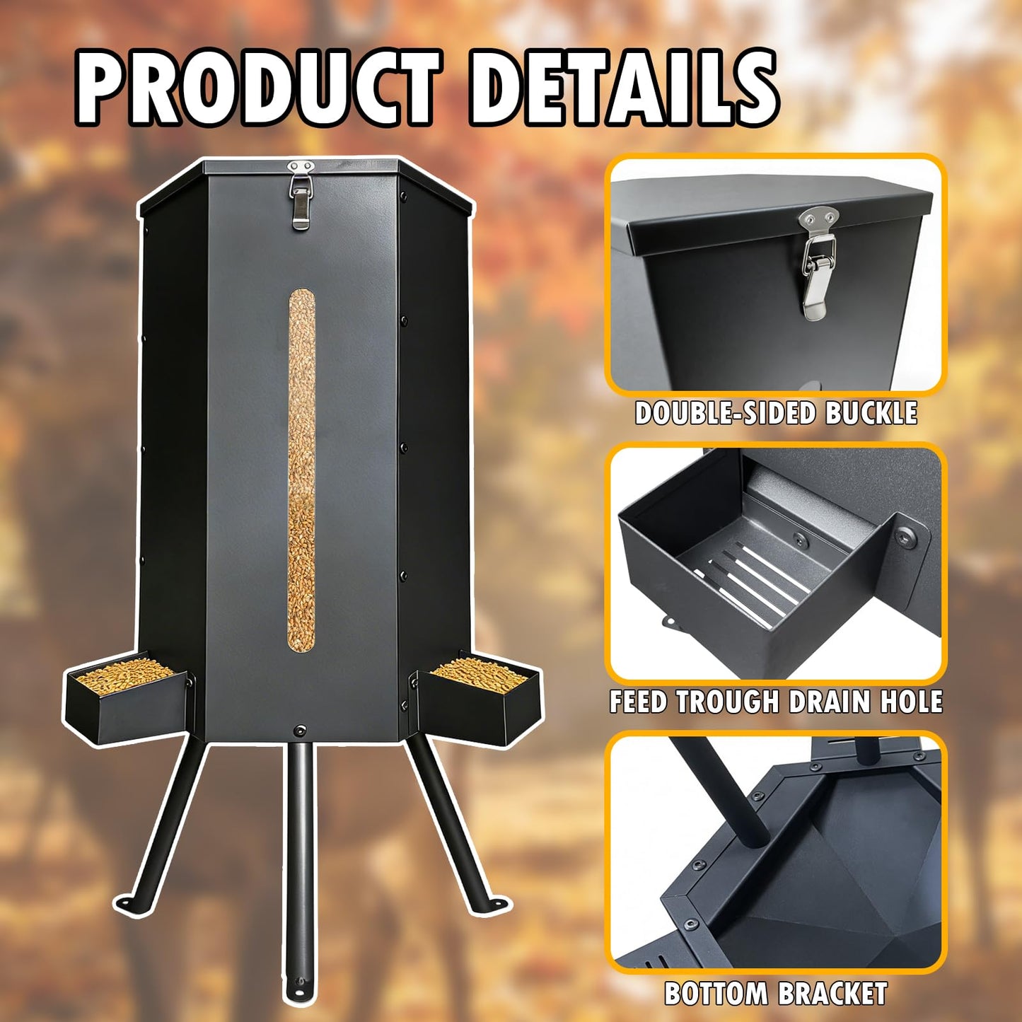 NULTRUMA 80 lbs Galvanized Steel Gravity Deer Feeder | Weatherproof & Anti-Rust Wildlife Game Feeder with 3 Feeding Trays & 3-Leg Stand | Automatic Corn Dispenser for Deer, Goats, Horses
