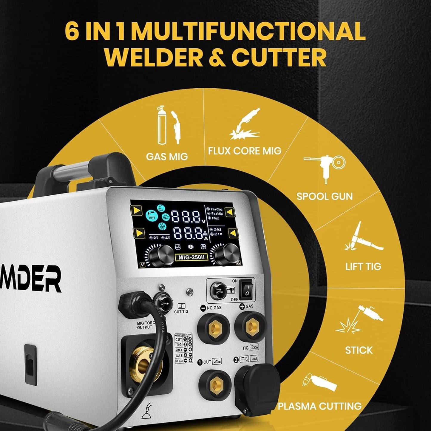 SSimder 6-in-1 MIG Welder & Plasma Cutter 160A Gas MIG/Flux Core/Lift TIG/Stick/Cut Combo 110V 220V 35A Air Cutting for Auto Repair DIY & Small Workshop