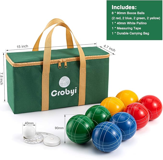 Bocce Balls Set, 90mm Regulation Size and Weight, Durable Beach/Yard/Lawn Game for Kids, Adults and Family. Including 8 Bocce Balls, Pallino, Measuring Rope and Carrying Bag.