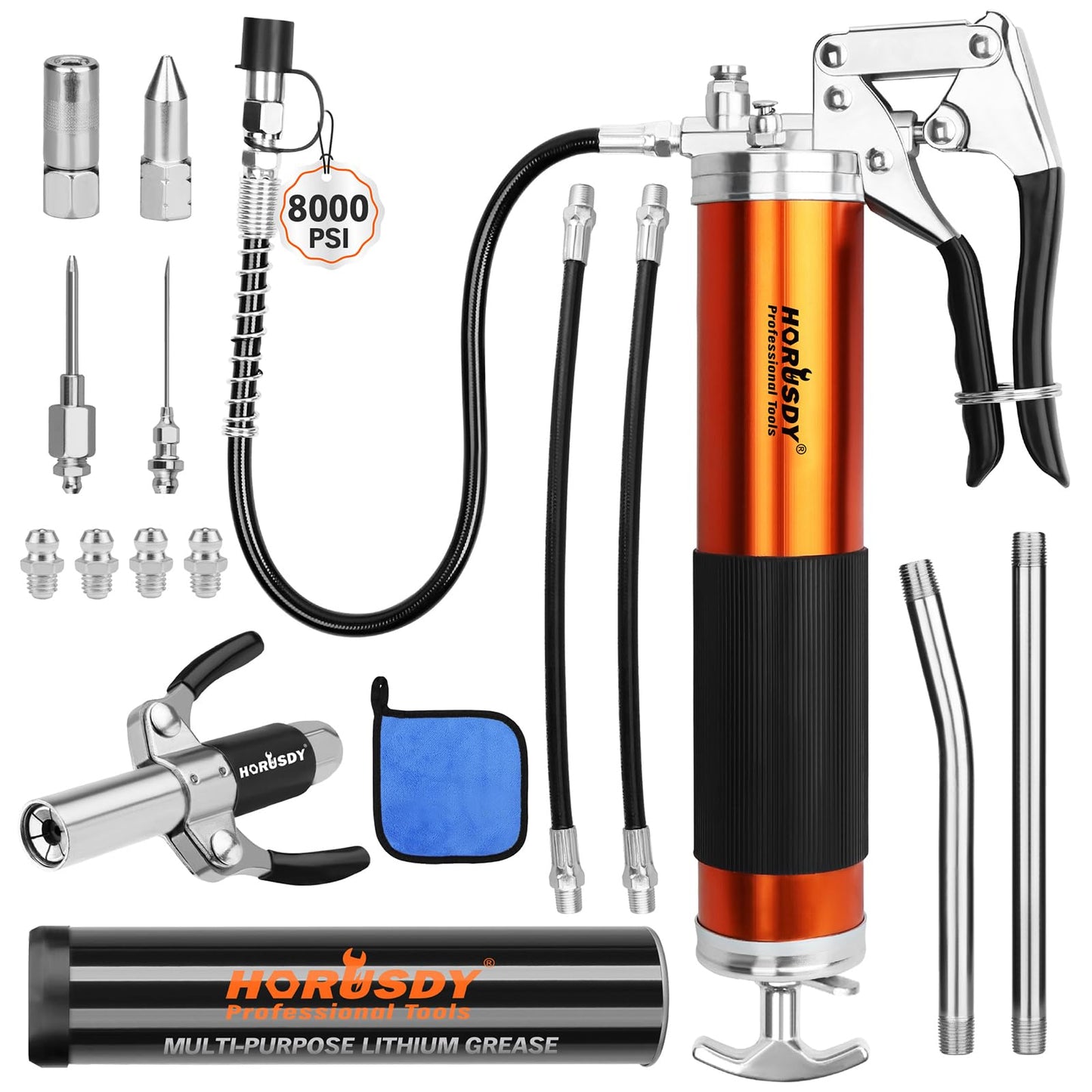 18-Piece 8000PSI Heavy Duty Grease Gun Kit with 14oz Grease, 2x11" Hoses, Flex Hose, Extension Pipes, Lock Coupler, Injector, Sharp Nozzle for Vehicle, Farm, Workshop, Marine, Easy Operation Tool