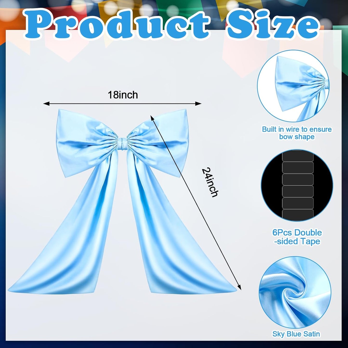 Wavwavw Sky Blue Large Bow Decor - Giant Satin Ribbon Tie for Birthday & Wedding Decor | 24 x 18 Inches