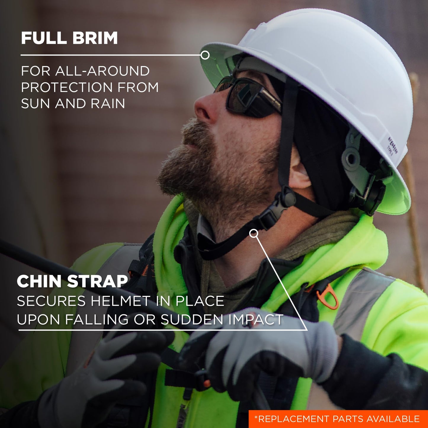 Ergodyne Skullerz 8963 Full Brim Safety Helmet, Type 2 Class E Hard Hat with Chin Strap, ANSI/ISEA Z89.1-2014