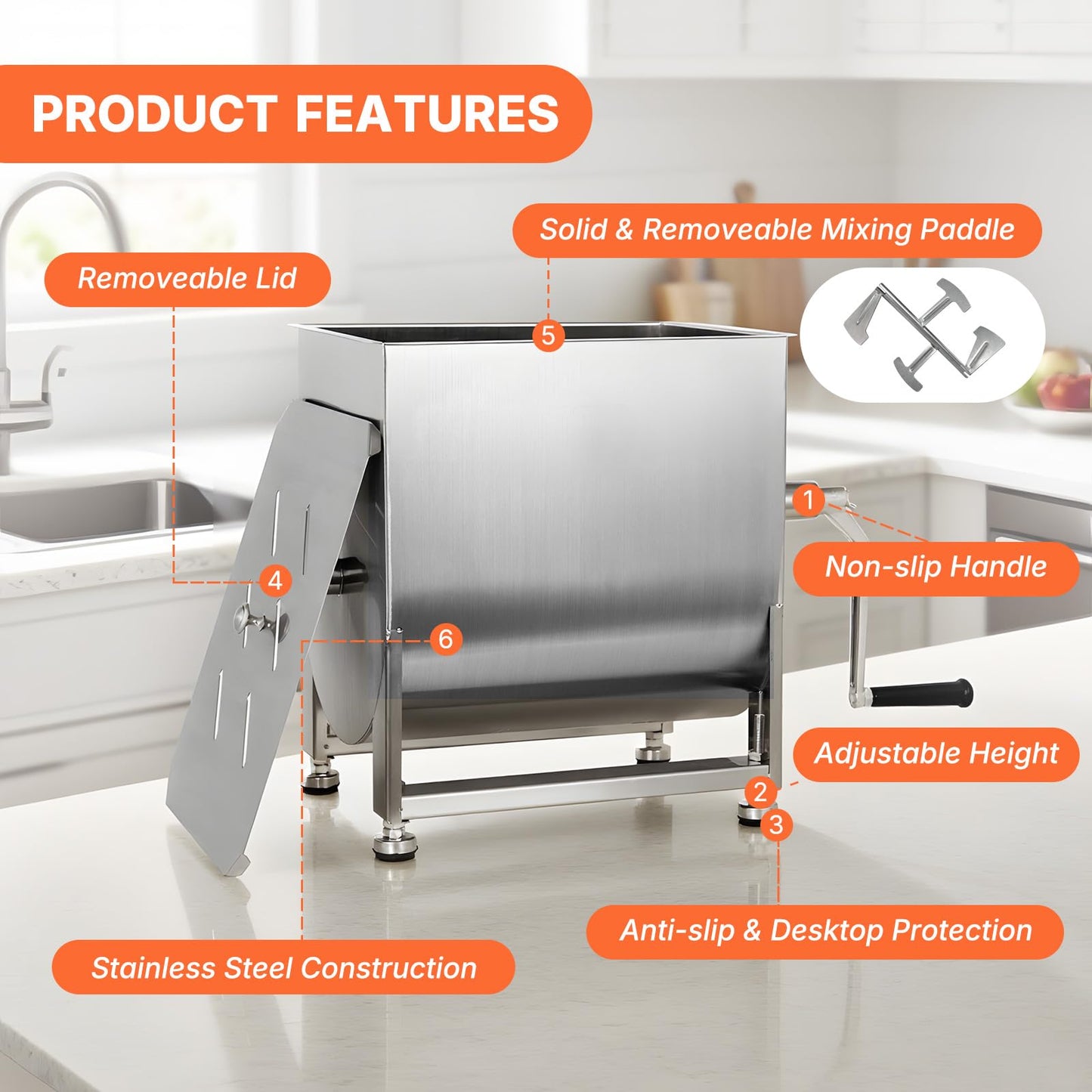 Hakka Manual Meat Mixer 60lb/30L, Fixed Tank 40L Stainless Steel Updated Commerial Food Mixer for Meat and Seasonings, Sausage, Burger, Patty