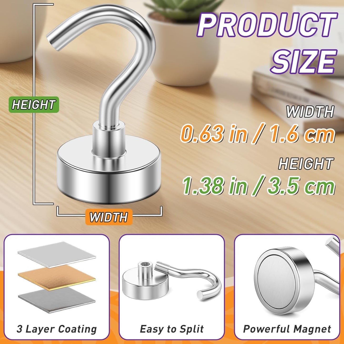 Skiennix 12 Pack Magnetic Hooks - Heavy Duty 30lbs+ Metal Hooks for Kitchen, Fridge & Classroom