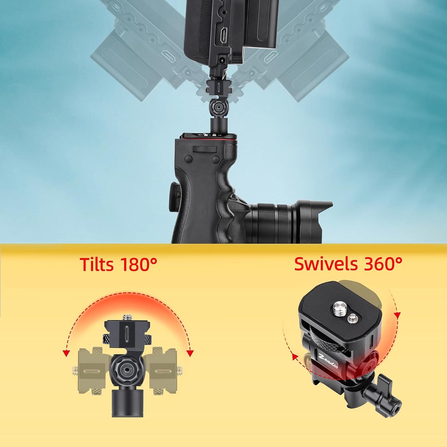 Zeadio 1/4"-20 360 180 Camera Monitor Mount, with Screw Adapter & NOTO Adapter, Rotating & Tilt Adjustable Monitor
