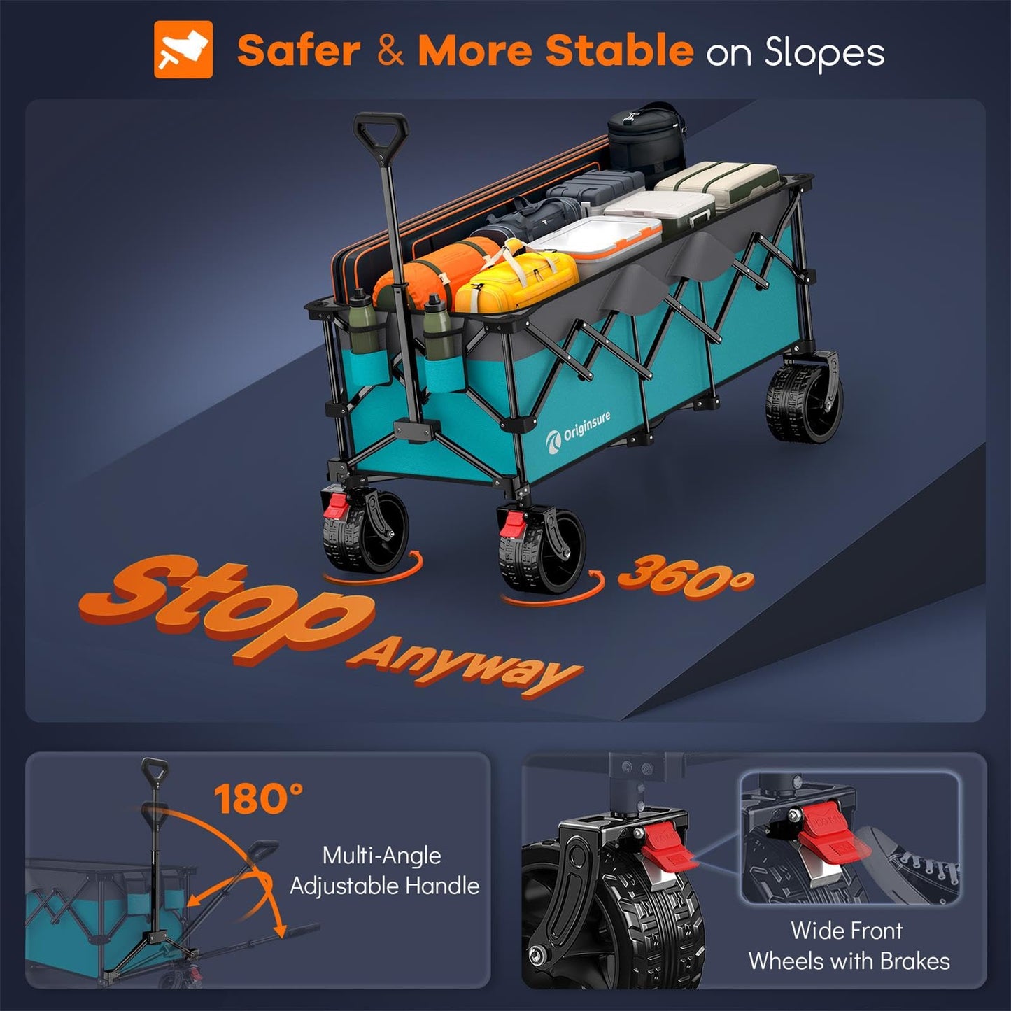 Originsure 48" L Collapsible Beach Wagon Cart Foldable, 560LB Weight Capacity 300L Heavy Duty Folding Wagons with Big All-Terrain Wheels, Utility Carts for Groceries, Camping, Sports - Grey&Turquoise