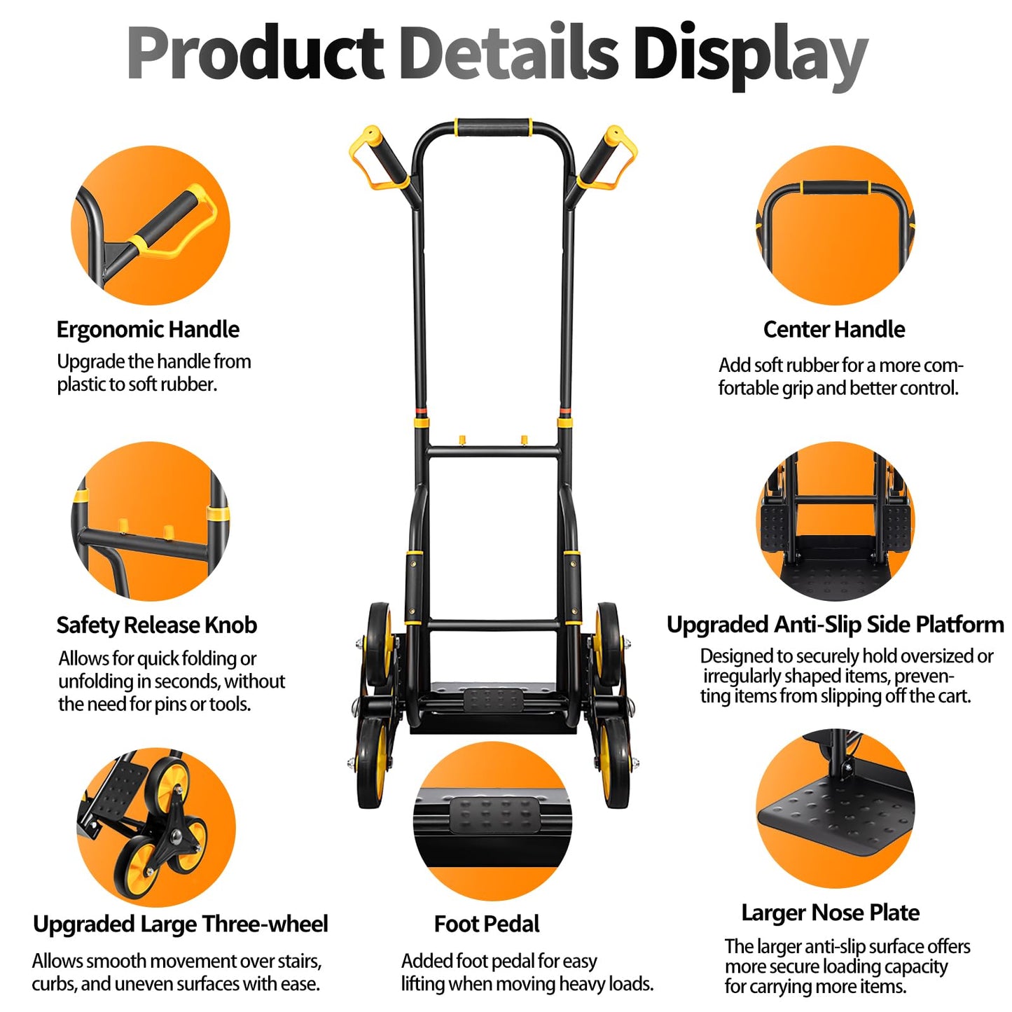 SmarketBuy Stair Climbing Dolly, Upgraded Heavy-Duty Stair Climber Hand Truck 770 Lbs Capacity, Foldable Cart for Stairs with 13.8" x 11.6" Nose Plate, 6 Wheels and 2 Ropes for Home,Office or Shopping