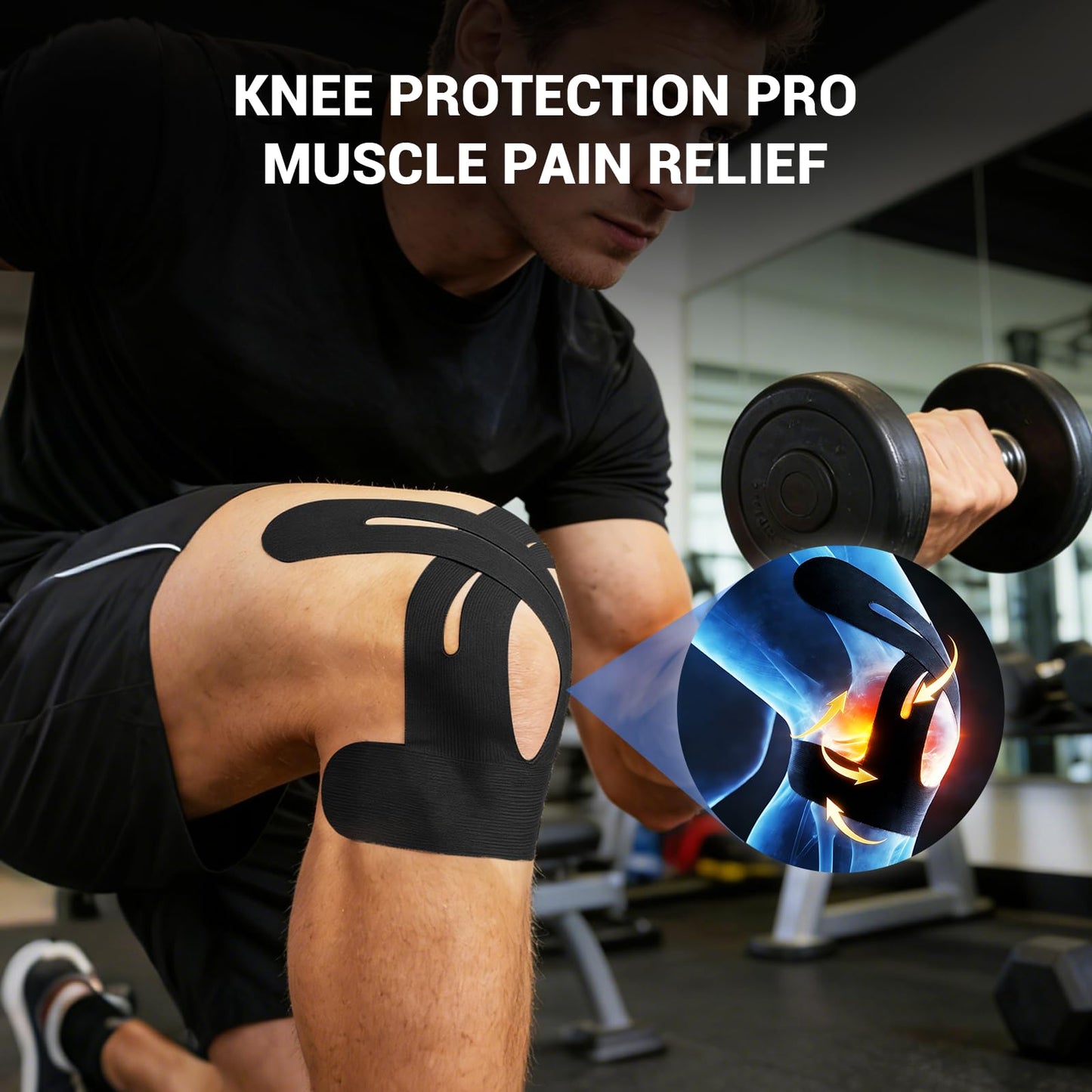 12 Pack Precut Kinesiology Tape for Knees & Shoulder, Knee Support & Stability for Sports, Waterproof & Elastic Tape for Knee Pain Relief, Breathable Hypoallergenic & Latex-Free, Black