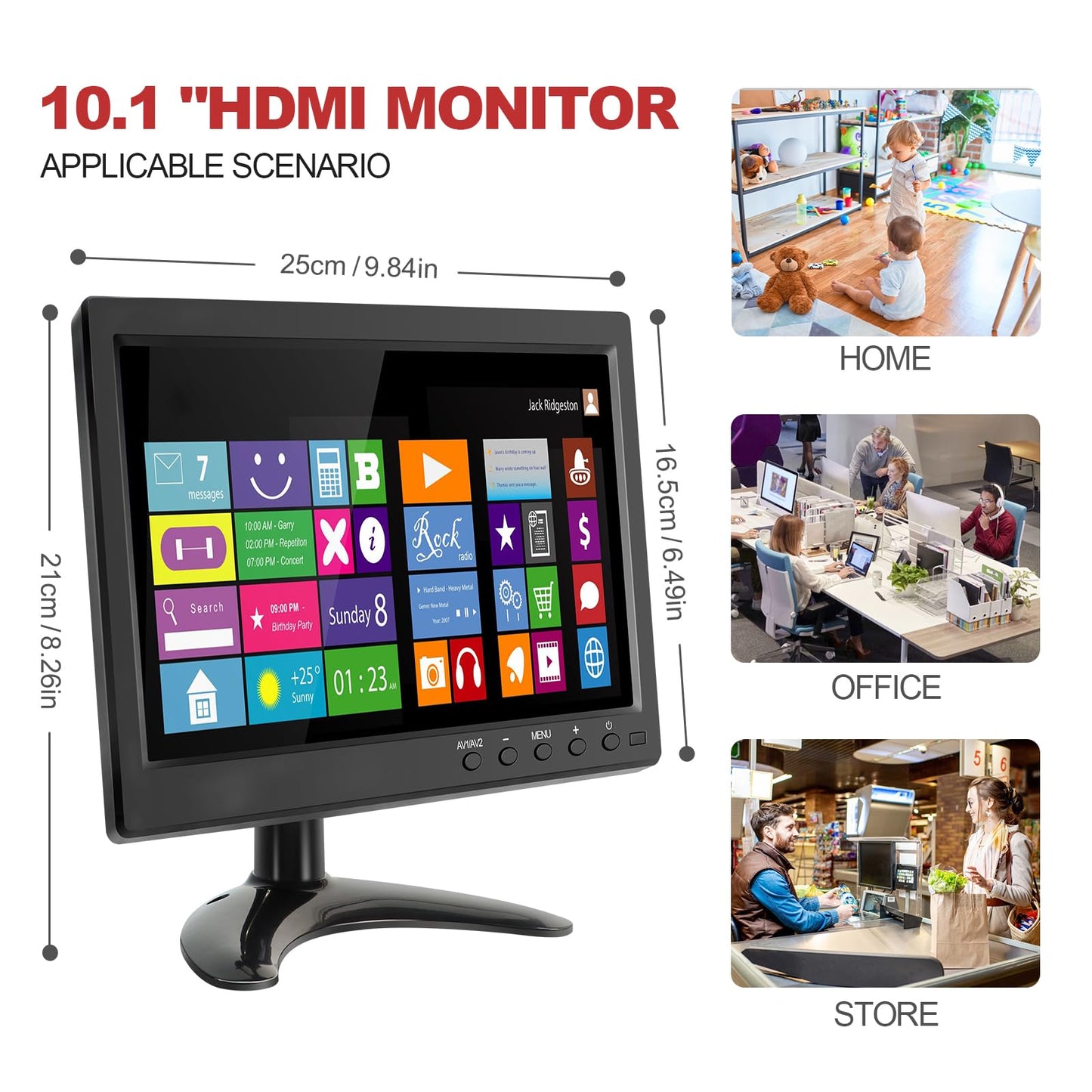 WHOLEV Security Monitor 10.1" FHD CCTV PC Monitor with VGA HDMI BNC AV USB Input Built-in Speaker 178 Wide Angle for Raspberry Pi Game Computer