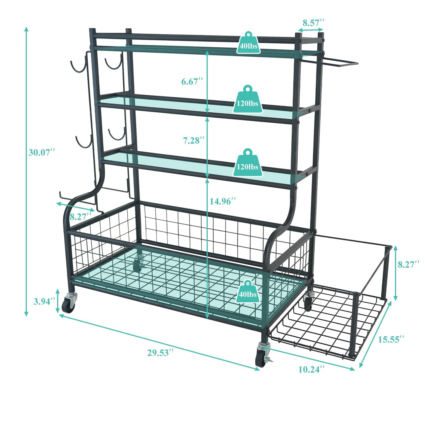 HIEE Dumbbell Rack, Weight Rack for Kettlebells, Storage Holder for Yoga and Workout Equipment, Home Gym Storage Rack with Wheels and Hooks (320 lb)