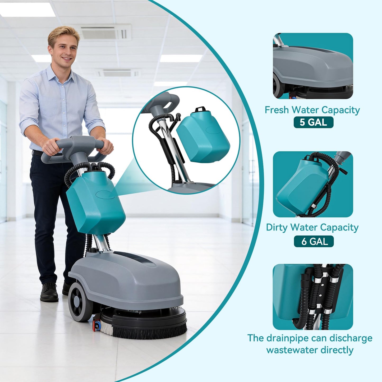 KARHDIR 15" Walk Behind Floor Scrubber Machine, 23" Squeegee, 6 Gal Dirty Water Tank Capacity, Floor Scrubber with Brushes, Hard Floor Scrubbers for Office Cafe Boutique Clinic Commercial Tight Space