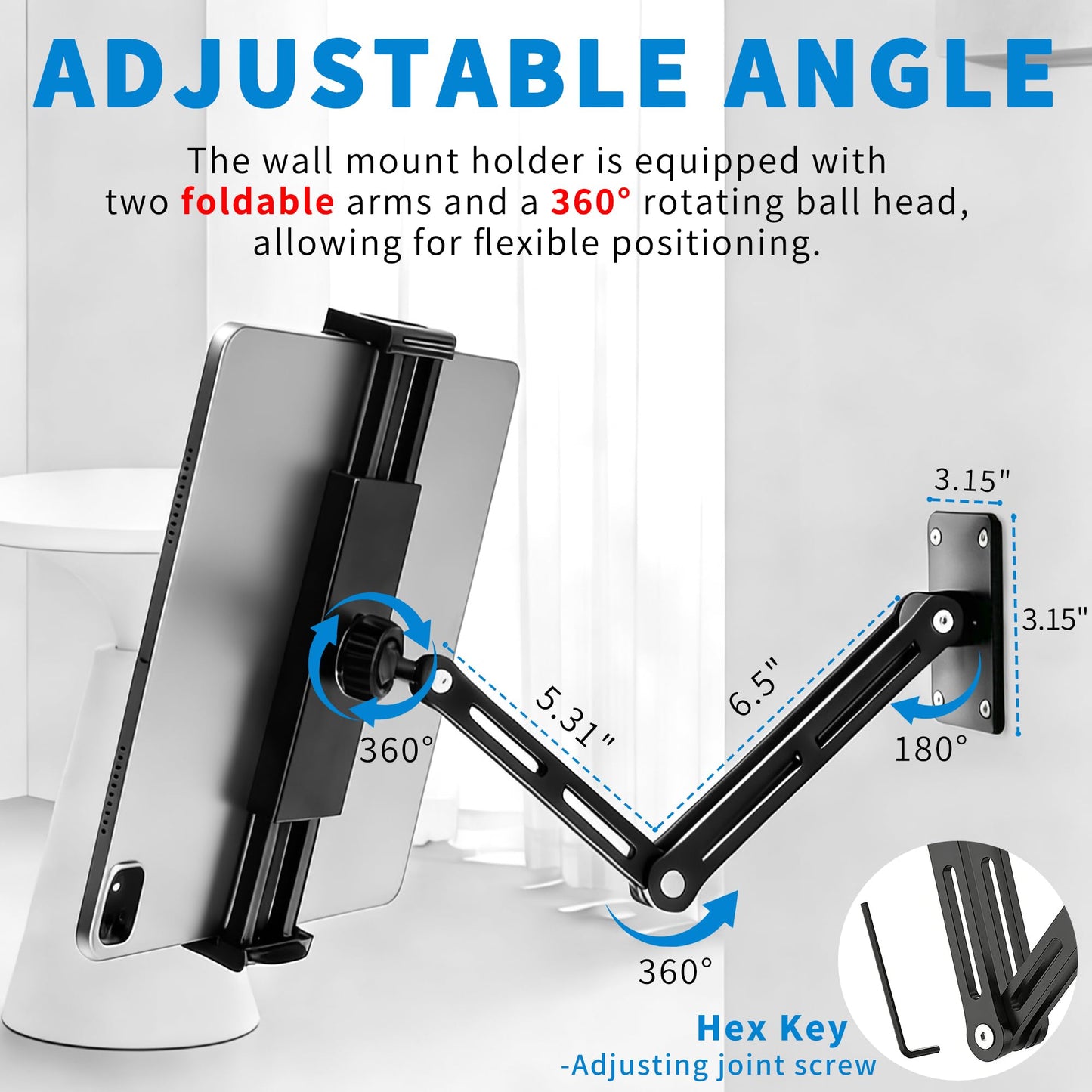 Bestoct Tablet Wall Mount Holder for iPad, Aluminium Foldable Arm, Used in Kitchen, Under Cabinet, Home Gym, for iPad Pro/Air/Mini/Samsung Galaxy Tab/4.7-13" Phones & Tablets (Up to 13")