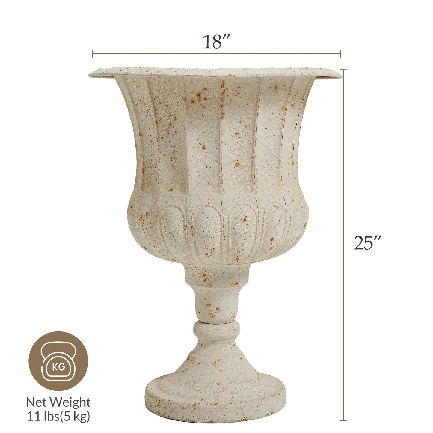 Worth Garden 25" H. Metal Urn Planters 2-Pack - White Classic Antique Iron Plant Pots - Large Decorative Rustic Flower Pots for Outdoor Use - Traditional Urn Planter for Patio, Front Porch