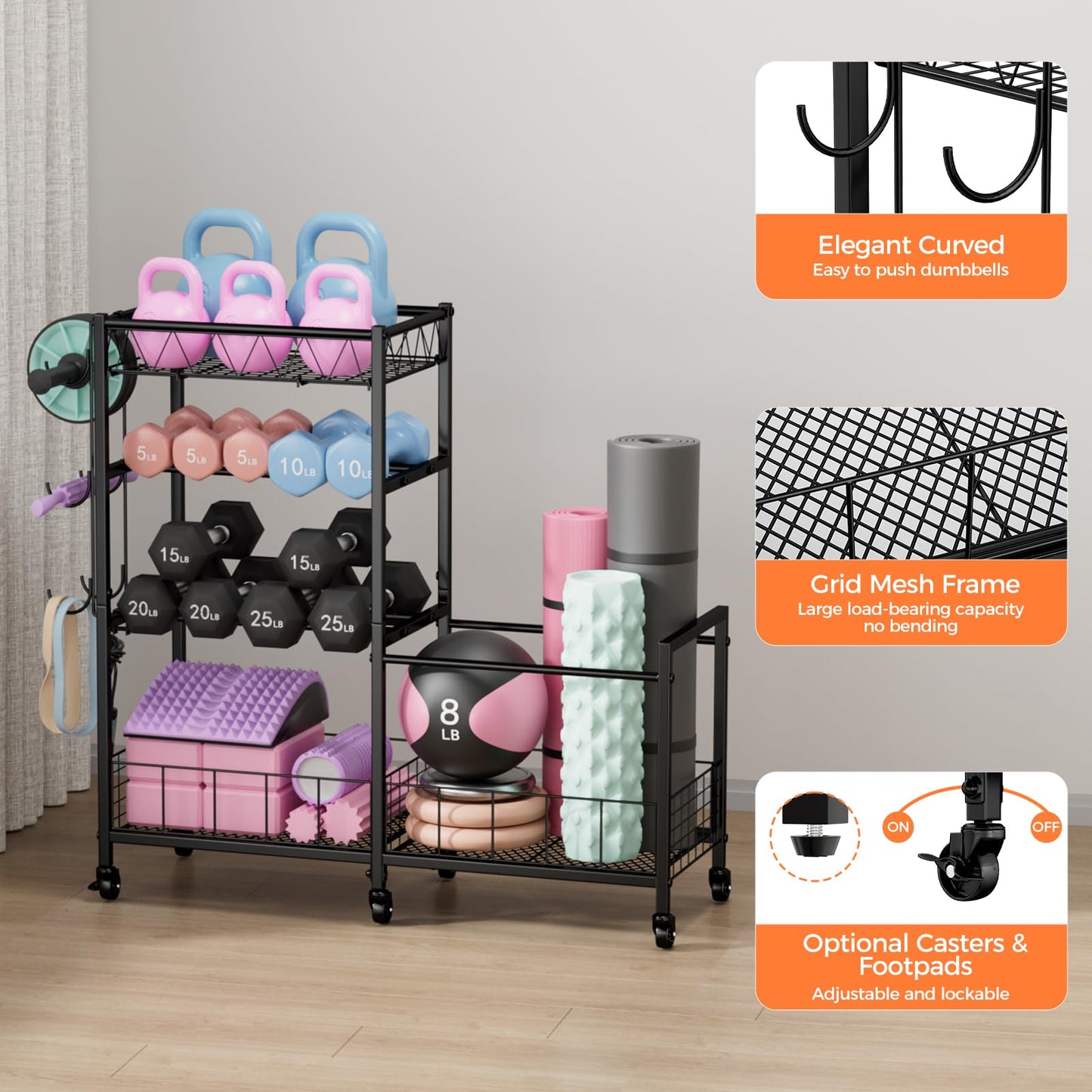 HavenlyYouth 4-Tier Weight Rack Storage for Home Gym, Adjustable Dumbbell Stand Organizer with Wheels, Holds Dumbbells, Kettlebells, Yoga Mats, Fitness Equipment & Workout Accessories