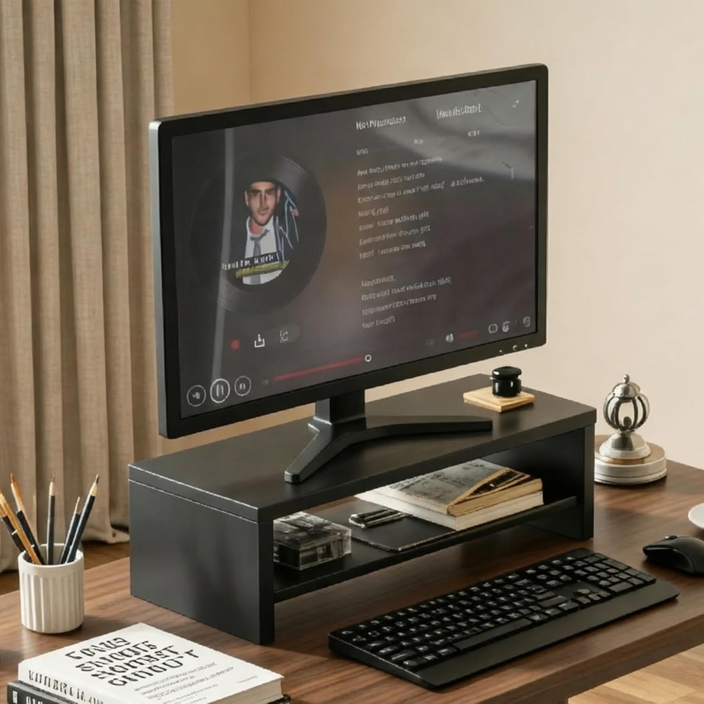 2-Tier 15.7 Inch Wooden Monitor Stand Riser, Desk Shelf with Storage Organizer, Ergonomic Computer Stand, Storage