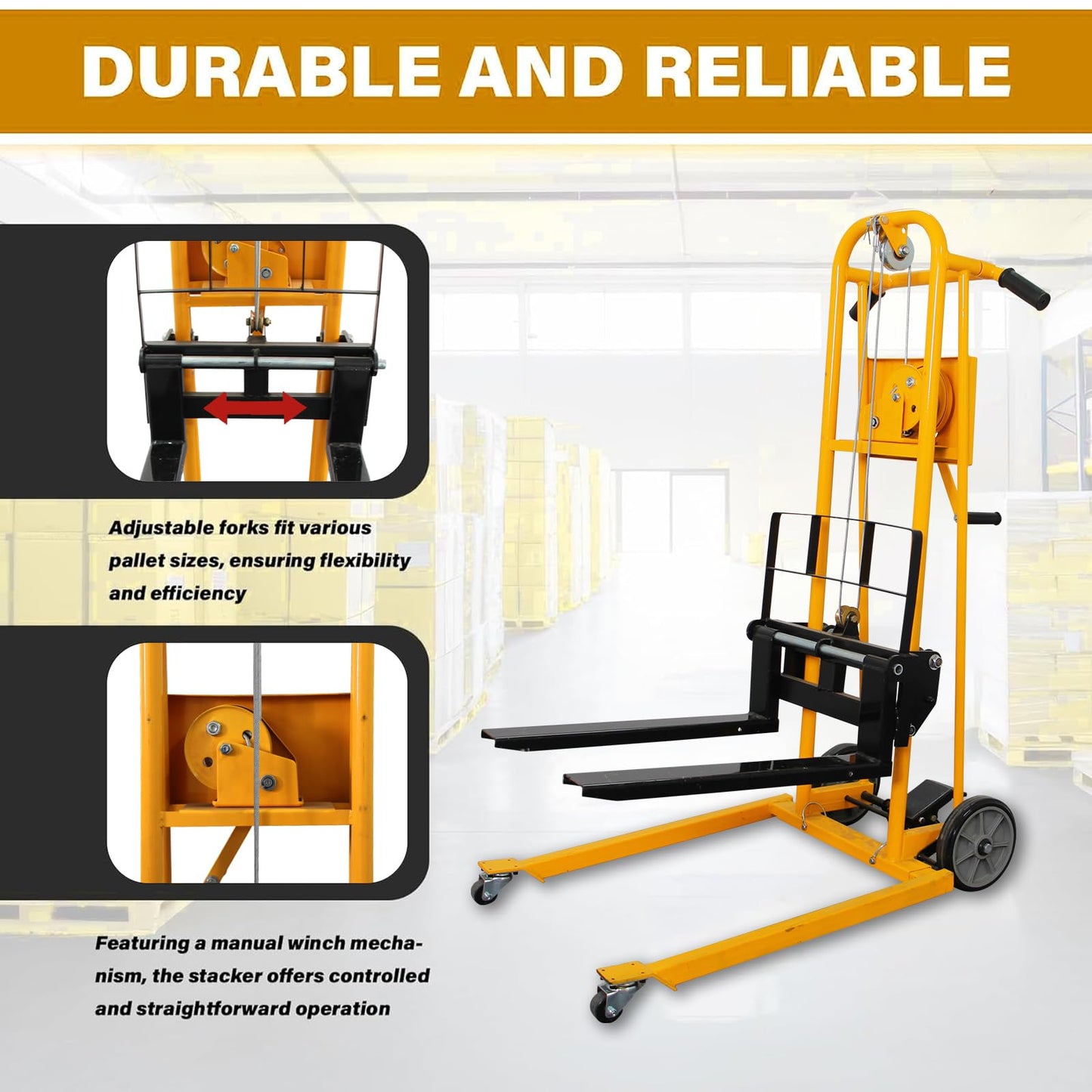 APOLLOLIFT Material Lift Winch Stacker, 500 lbs Capacity 41.4" Lifting Height, Manual Stacker Pallet Jack Truck Dolly with Swivel Casters and Lift Plate(Yellow)