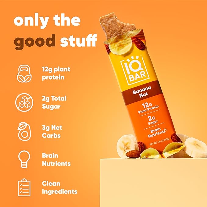 IQBAR Brain and Body Plant Protein Bars - Banana Nut - 24-Count Low Carb - Gluten Free, High Fiber, Vegan Snacks - Low Sugar Meal Replacement