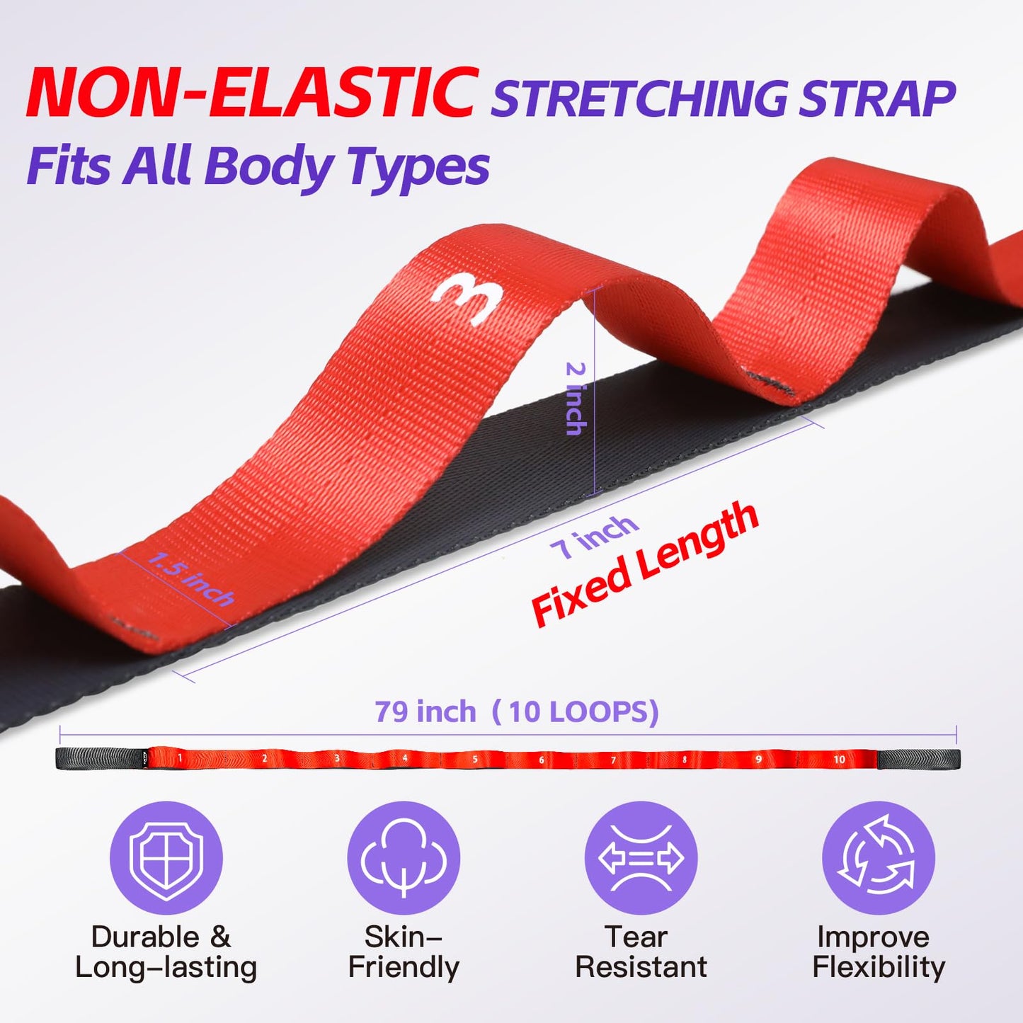 Non Elastic Stretching Strap with Loops - Yoga Straps for Physical Therapy, Durable Stretch Bands for Exercise, Flexibility Training, Hamstring & Leg Stretcher, Yoga/Pilates/Gymnastics - Red