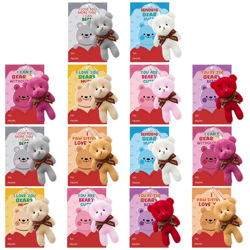 NBDIB 14Pcs Plush Bears with 14 Valentines Day Gift Cards for Kids, Mini Stuffed Animals Bulk Toys for Party Favor, Plush Bear Keychains for Kids Valentines Day Exchange Gift Classroom Prizes