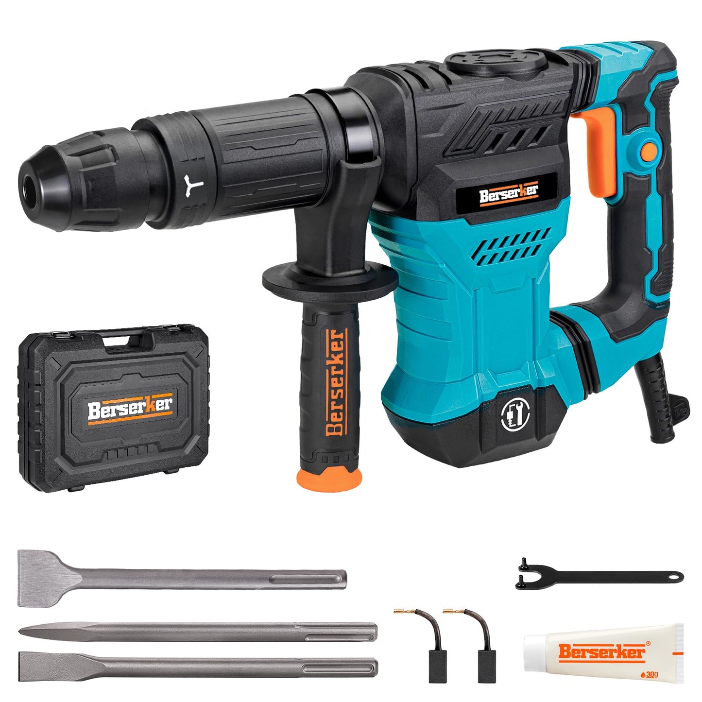 Berserker 1300W 12-Pound SDS-Max Demolition Jack Hammer, 1-9/16" 11-Amp Small Corded Electric Demo Chipping Hammer for Floor Tile Removal, Concrete Breaker with Carrying Case & 3 Chisels