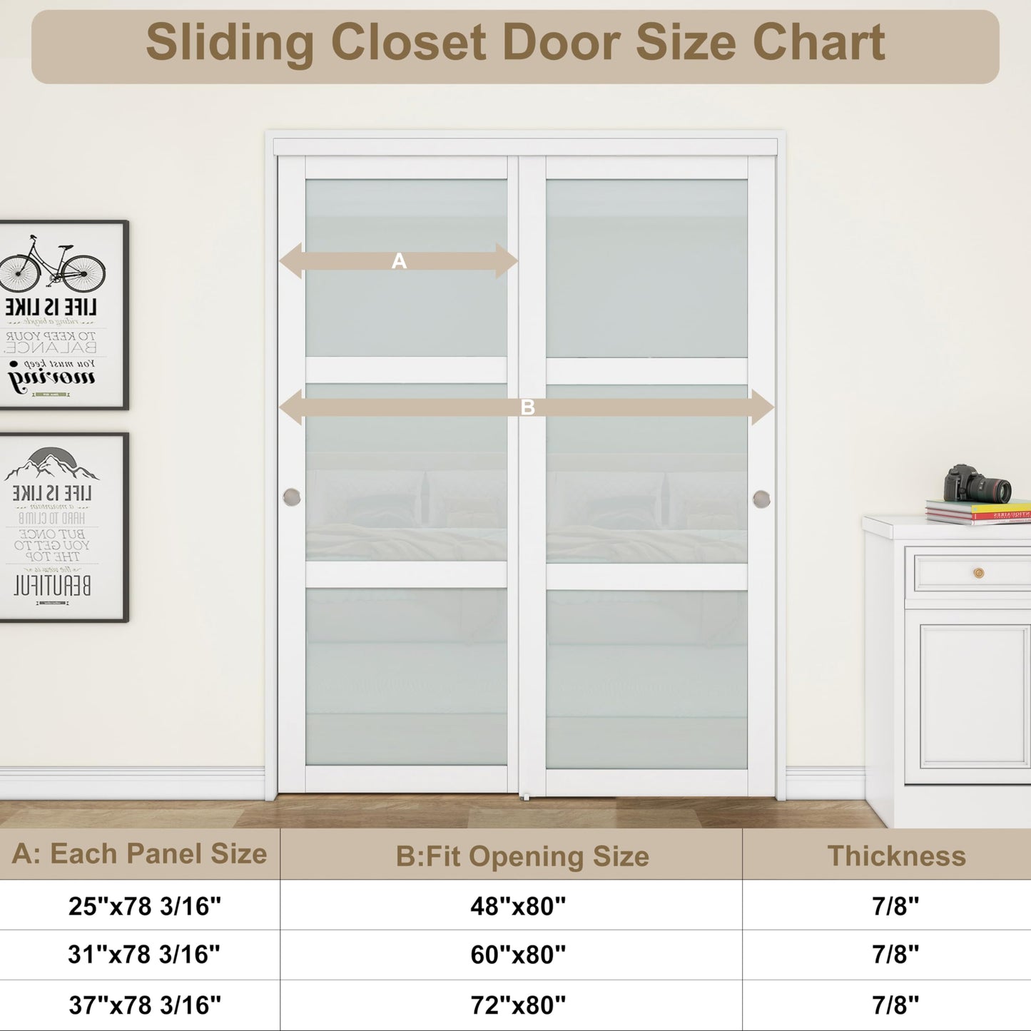 BARNSMITH 72x80 Sliding Closet Door, 3-Panels Preassembled Frosted Glass Door Panel with Hardware Kits & Matching Fascia, MDF Covered with Water-Proof & Anti-Scratch PVC Surface, White