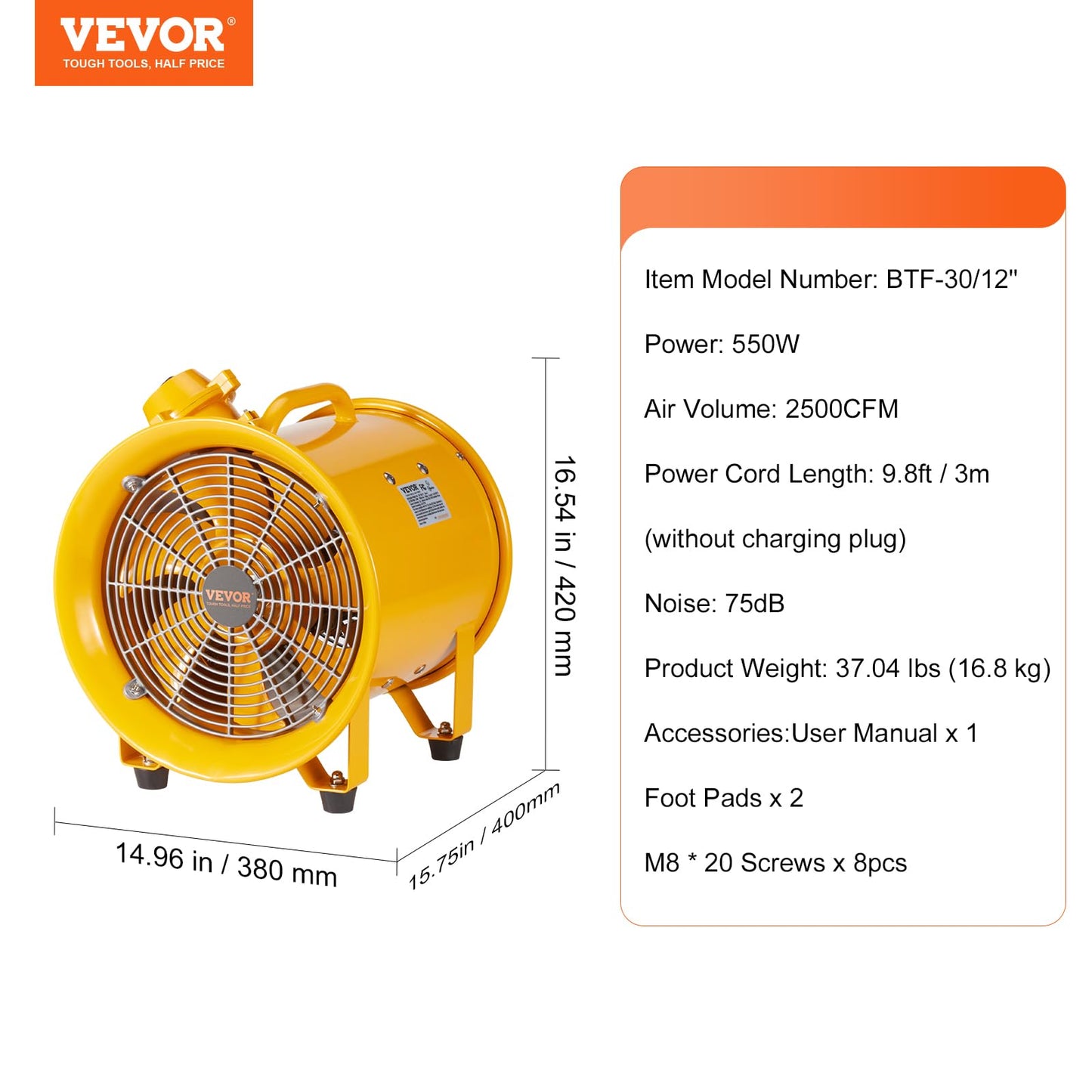 VEVOR Explosion Proof Fan 10 Inch, 350W 1942CFM, Industrial Portable Ventilator Blower/Exhaust with 9.8ft Light Cord -No Plug