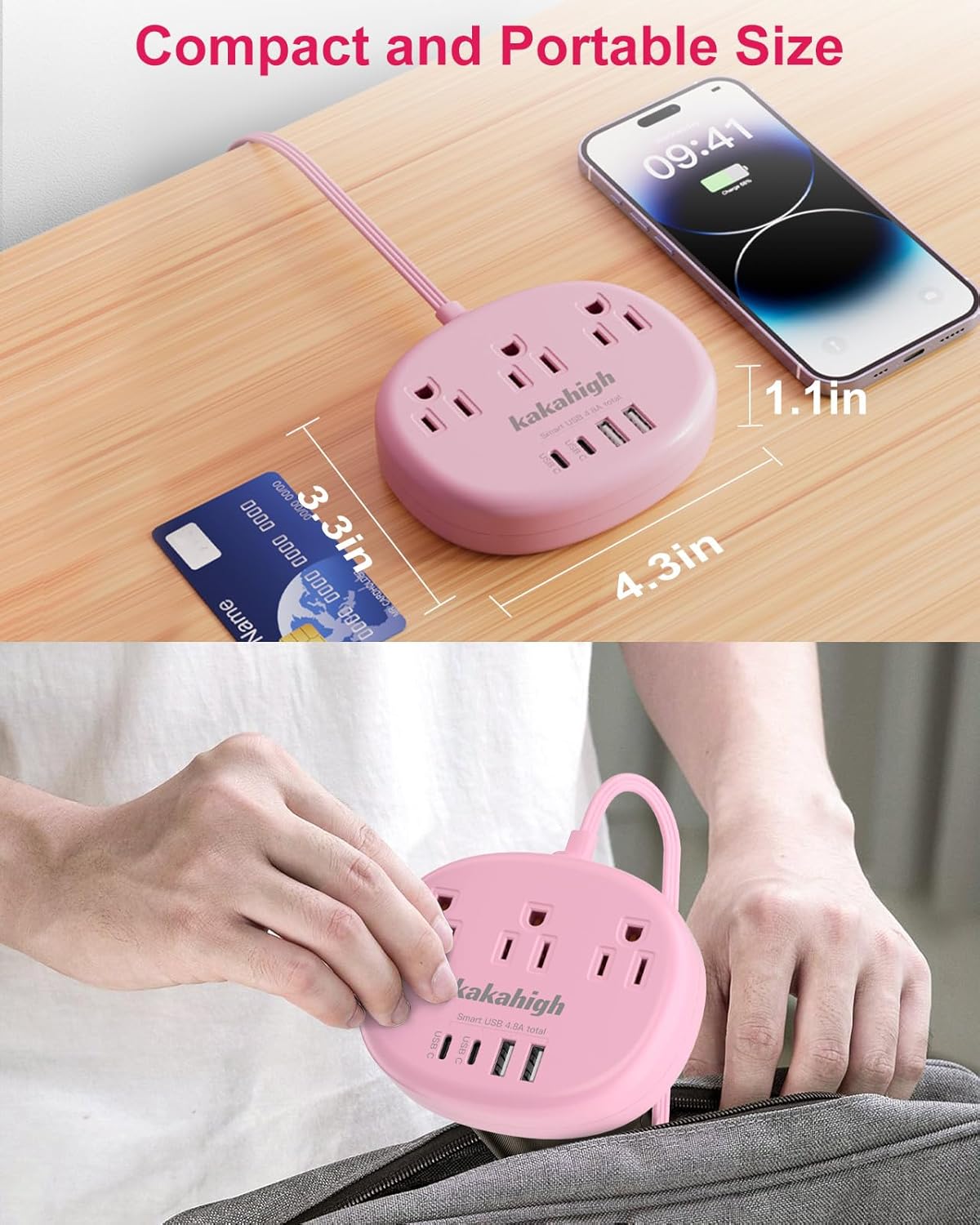 kakahigh 1080J 5 1625W 3 4 (24W/4.8A), Pink Extension Cord with Surge Protected - FT Kawaii Power Strip, Cute Extension