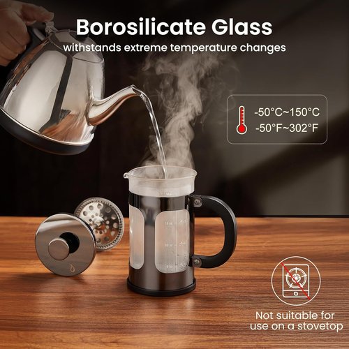 BAYKA French Press Coffee & Tea Maker - 21 Ounce Heat Resistant Borosilicate Glass Brewer | Dark Pewter