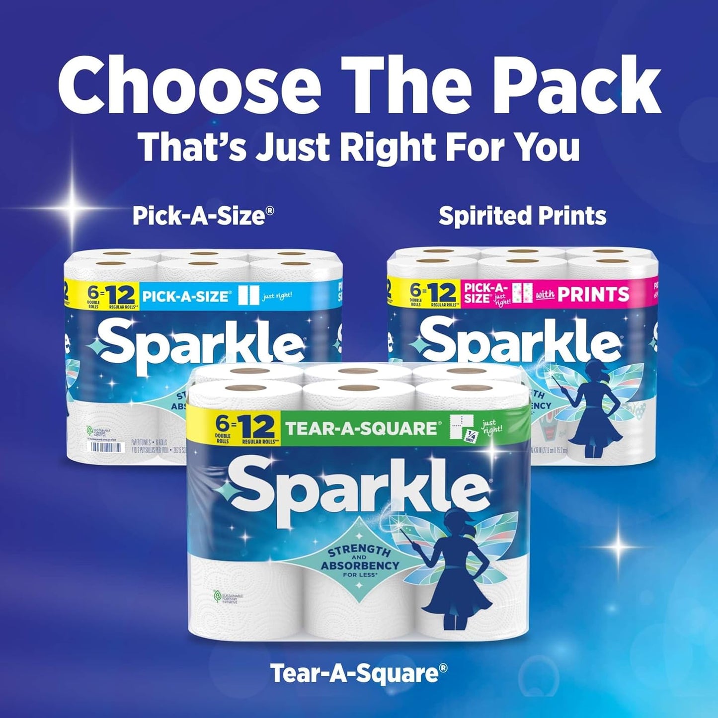 Sparkle Tear-A-Square Paper Towels - Strong 2-Ply Kitchen Towels | 3 Triple Rolls = 9 Regular Rolls