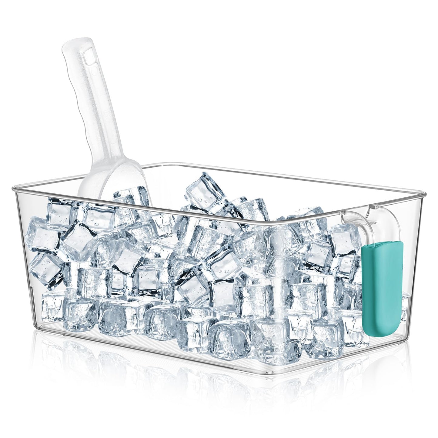 Havawish 1 Set Ice Bin and Flexible Scoop Set Plastic Freezer Ice Bin with Pull out Handle Storage Bucket Clear for Container with Bucket Scoop (10.83 x 7 x 4.33 in,Blue)
