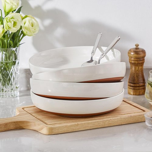 MALACASA 48 OZ Pasta Bowls Set of 4 - Large Ceramic Salad & Soup Bowls | Microwave & Dishwasher Safe, Khaki White