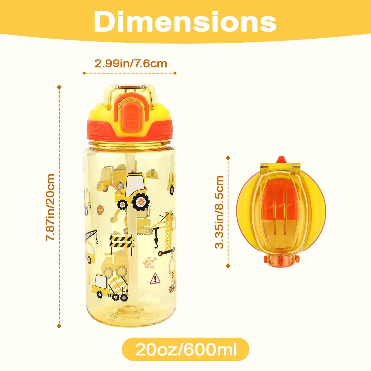 wooshwa Kids Water Bottle for School or Travel, 20 Oz 2 Pack Durable Plastic Water Bottle with Silicone Straw and Pop-Up Spout Cover, BPA Free & Dishwasher Safe(Excavator & Dinosaur)