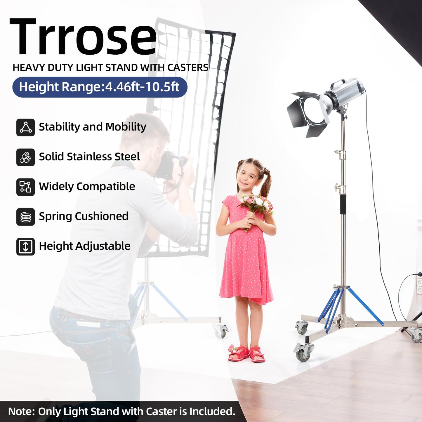 Trrose Heavy Duty Light Stand with Caster - 10.5ft/320cm Adjustable Light Stand with Stainless Steel, High Stability and Mobility Light Stand Photography for Strobe Light, Softbox, Reflector