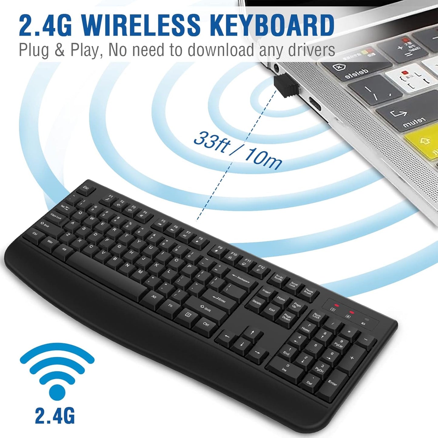 EDJO 2.4G Wireless Keyboard, Ergonomic Full Size Wireless Computer Keyboard with Wrist Rest for Windows, Mac OS